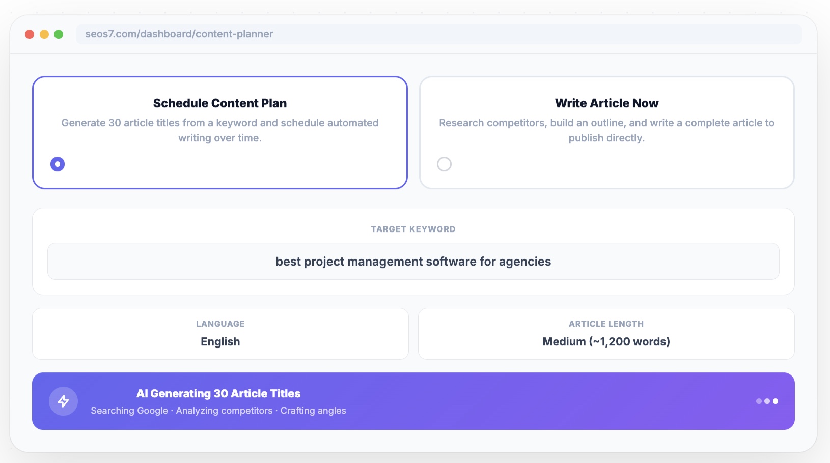 One keyword. 30 articles. On autopilot.